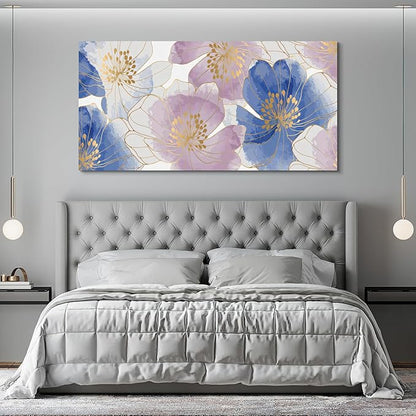 CanvasGarden Floral Canvas Wall Art, Blue and Purple Floral with Gold Lines Watercolor Poster Glam Botanical Soft Flower Home Decor, Framed Prints for Living Room Bedroom Office Decor, 32x16Inch