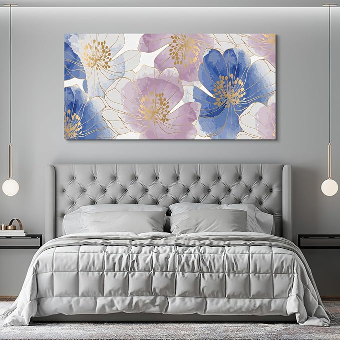 CanvasGarden Floral Canvas Wall Art, Blue and Purple Floral with Gold Lines Watercolor Poster Glam Botanical Soft Flower Home Decor, Framed Prints for Living Room Bedroom Office Decor, 40x20Inch