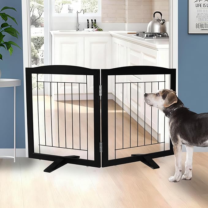 ZJSF Freestanding Dog Fence Indoor, Foldable Dog Gate for Doorways, Stairs or Hallways, Sturdy Wood Extra Wide Pet Gate with Support Feet for The House, Black, 24 "Height-2 Panels