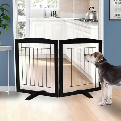 ZJSF Freestanding Dog Fence Indoor, Foldable Dog Gate for Doorways, Stairs or Hallways, Sturdy Wood Extra Wide Pet Gate with Support Feet for The House, Black, 24 "Height-2 Panels