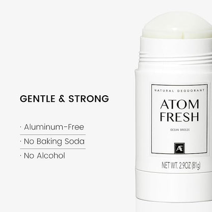 Atom Fresh Natural Deodorant Solid Stick – 72H Triple Odor Defense – Aluminum-Free, Baking Soda-Free – With Amino Acids, Mineral Powder, Plant-Based Starch – Ocean Breeze – Skin Safe – 2.9 oz