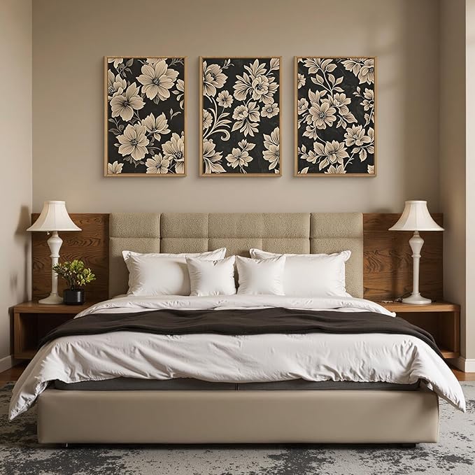 Large Vintage Floral Framed Canvas Wall Art Set,Mid Century Modern Flower Wall Decor,Neutral Wildflower Art Prints,Retro Botanical Plant Artwork for Living Room,Dining Room,Office-16 x24 x3