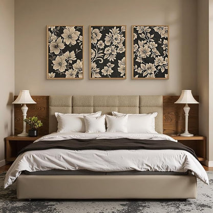 Large Vintage Floral Framed Canvas Wall Art Set,Mid Century Modern Flower Wall Decor,Neutral Wildflower Art Prints,Retro Botanical Plant Artwork for Living Room,Dining Room,Office-16 x24 x3