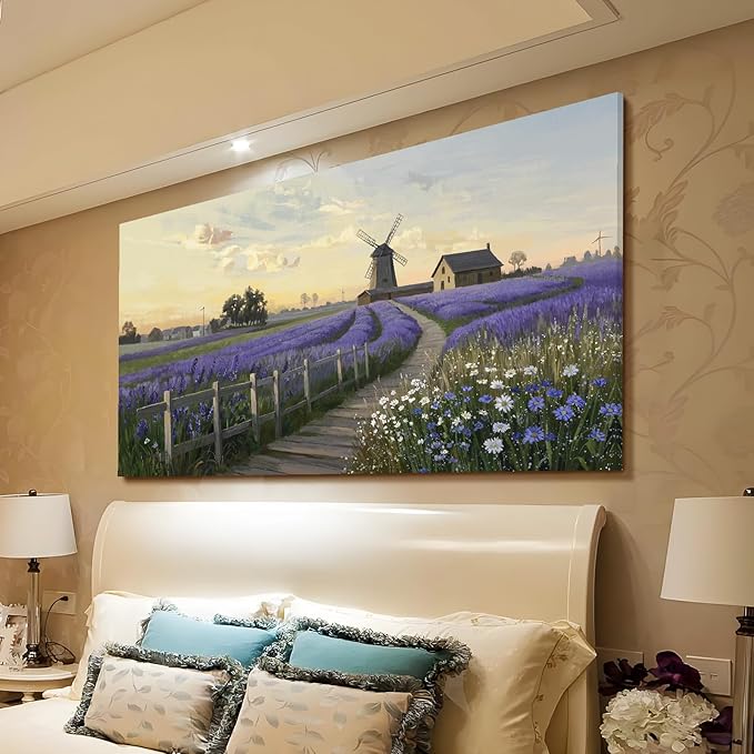 amatop Oversized Wall Picture for Living Room Farmhouse Purple Lavender Artwork Pastoral Countryside Scenery Daisy Flowers Floral Canvas Prints Panoramic Sunset Landscape Picture Bedroom 58x29 In