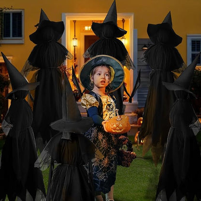 Halloween Witches Outdoor, 3 Light Up Witches Holding Hands with Stakes, Witch Decorations with Glowing Face for Yard Garden Outside Lawn Porch