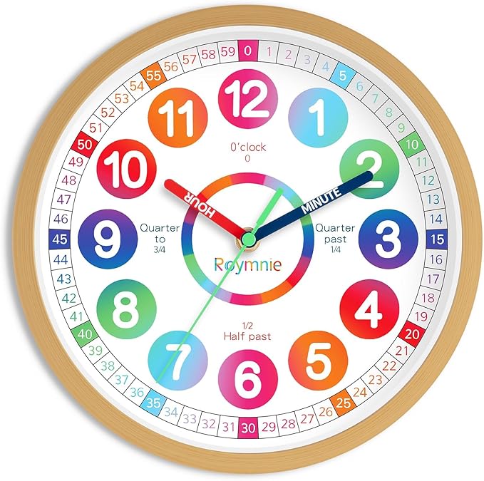 Wall Clock for Kids Learning - Teaching Time Wall Clocks Battery Operated Silent Non Ticking - Analog Colorful Clock Decorative for Kids Room Classroom School(12 Inch)