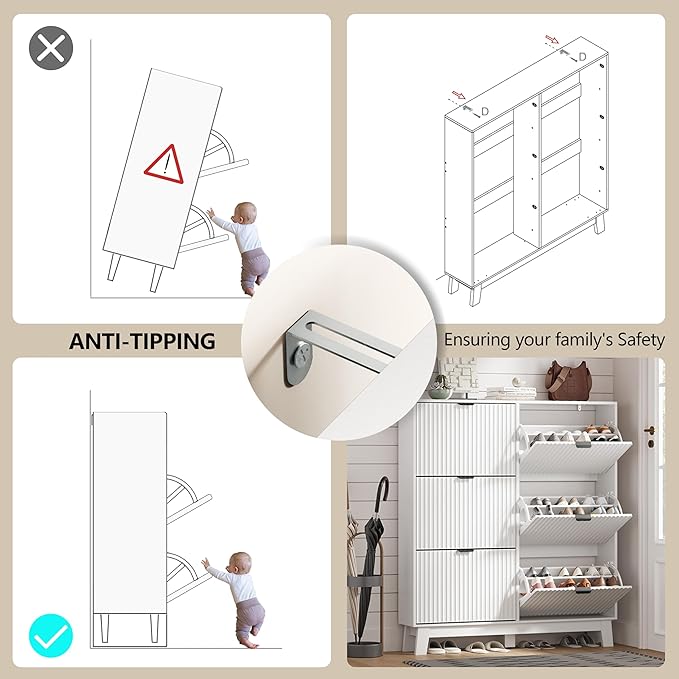 Shoe Cabinet Storage for Entryway with 6 Flip Drawers, Fluted Narrow Shoe Organizer with Wooden Legs, Freestanding Slim Shoe Storage Hidden Shoe Rack Organizer for Front Door Entrance, White