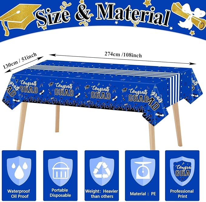 chiazllta Graduation Party Decorations Gongrats Grad Tablecover Graduation Tablecloths for 2025 Graduation Party Supplies Class of 2025 Party Supplies Large Size Plastic 54"x108" （Blue）