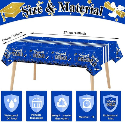 chiazllta Graduation Party Decorations Gongrats Grad Tablecover Graduation Tablecloths for 2025 Graduation Party Supplies Class of 2025 Party Supplies Large Size Plastic 54"x108" （Blue）