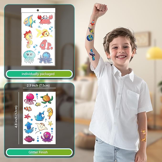 150+ Kids Glitter Temporary Tattoos for Boys – Individually Wrapped, Waterproof Tattoo Stickers – Mermaid, Dinosaur, Animal, Ocean, Space & More