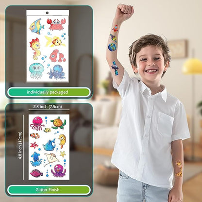 150+ Kids Glitter Temporary Tattoos for Boys – Individually Wrapped, Waterproof Tattoo Stickers – Mermaid, Dinosaur, Animal, Ocean, Space & More