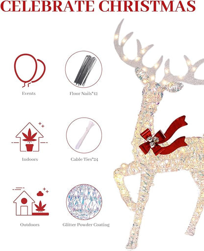 3-Piece Large Lighted Christmas Deer Family Set, Christmas Indoor and Outdoor Decoration with 225 Warm White LED Lights, Ground Pegs, Cable Ties. Suitable for Patio Lawn Garden Party-Colorful