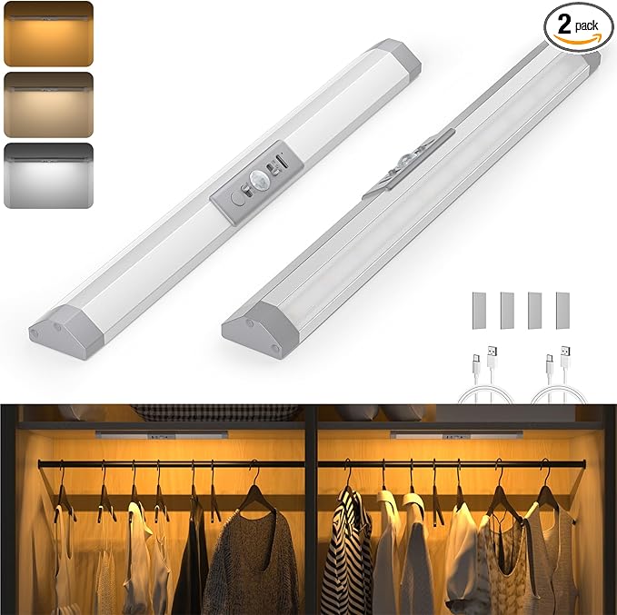 WOBANE Closet Lights Motion Sensored with Eye-Protection,Rechargeable LED Wardrobe Lighting with 3 Color,12 inch Dimmable Wireless Battery Operated Light Indoor for Stair,Pantry,Hallway,900mAh,2PCS