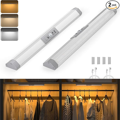 WOBANE Closet Lights Motion Sensored with Eye-Protection,Rechargeable LED Wardrobe Lighting with 3 Color,12 inch Dimmable Wireless Battery Operated Light Indoor for Stair,Pantry,Hallway,900mAh,2PCS