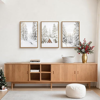 HLNIUC Christmas Snow Forest Framed Wall Art Set of 3, Large Winter Mountain Pine Tree Decor, Vintage White Cabin Landscape Canvas Art(24x36), Farmhouse Rustic Prints for Living Room, Bedroom, Office