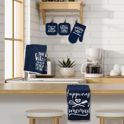 Sratte 6 Pcs Kitchen Decor Accessories Set Farmhouse Towels Pot Holders Oven Mitts Set 2 Dish Towels 2 Potholders 2 Cooking Mittens Oven Glove for Christmas Baking Cooking Supply(Blue,Kitchen)