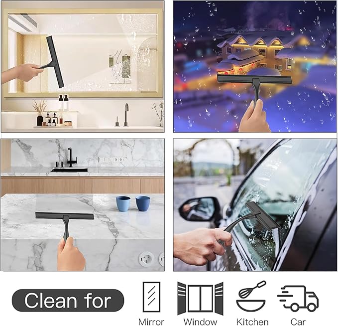 peafowl Shower Squeegee Stainless Steel Bath Squeegee for Shower Glass Doors Bathroom Windows Kitchen Mirror and Car Glass with Hooks Holder (14 inch, Black)