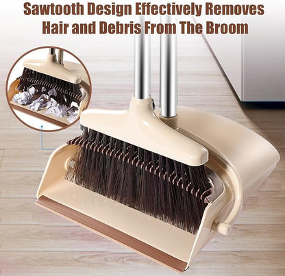 Broom and Dustpan Set with Long Handle – Upright Standing Broom Combo with Self-Cleaning Teeth & Windproof Dustpan, Floor Sweeper for Home, Kitchen, Pet Hair, Indoor Outdoor Use