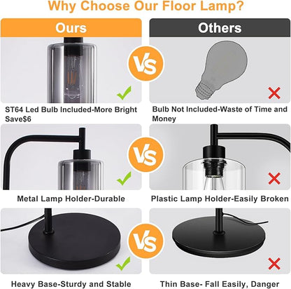 DLLT Floor Lamp Tall for Room: Black Standing Lamp with Grey Glass Lampshade for Living Room - Modern Bright Lamp for Bedroom - Industrial Corner Floor Lamps for Office 8W Led Bulb Included