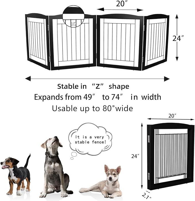 ZJSF Freestanding Foldable Dog Gate for House Extra Wide Wooden Black Indoor Puppy Gate Stairs Dog Gates Doorways Tall Pet Gate 4 Panels Fence