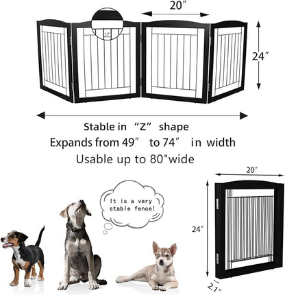 ZJSF Freestanding Foldable Dog Gate for House Extra Wide Wooden Black Indoor Puppy Gate Stairs Dog Gates Doorways Tall Pet Gate 4 Panels Fence