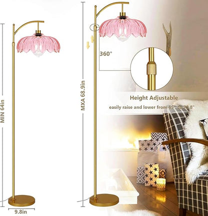 Floor Lamp for Living Room,Bedroom,Gold Dimmable Standing Lamp with Remote,Mid Century Modern Brass Tall Lamp Retro Vintage Pink Glass Lamp Floor Light Boho Bohemian