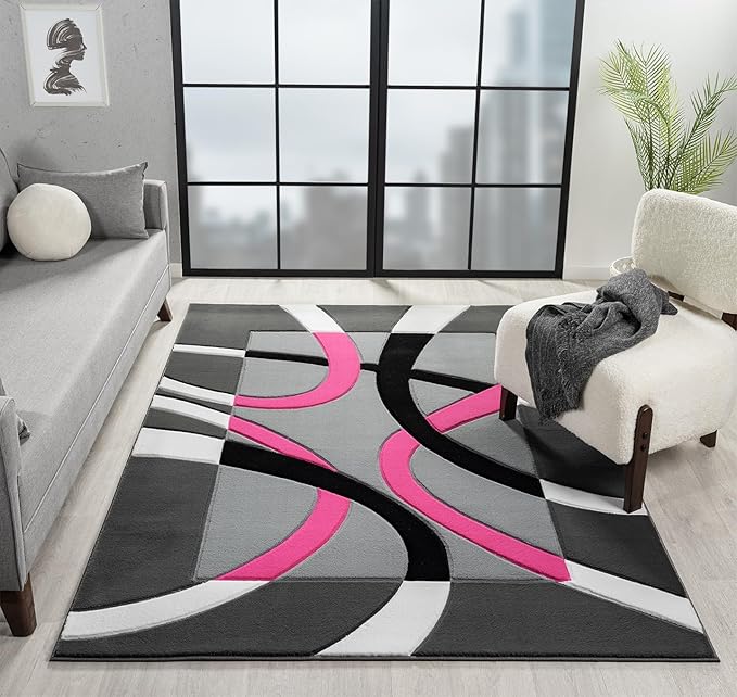 Ultra Soft Area Rug Hand Carved - Modern Abstract Design for Indoor Living Room & Bedroom - Stain Resistant, Easy to Clean - (2'7''x7, Pink)