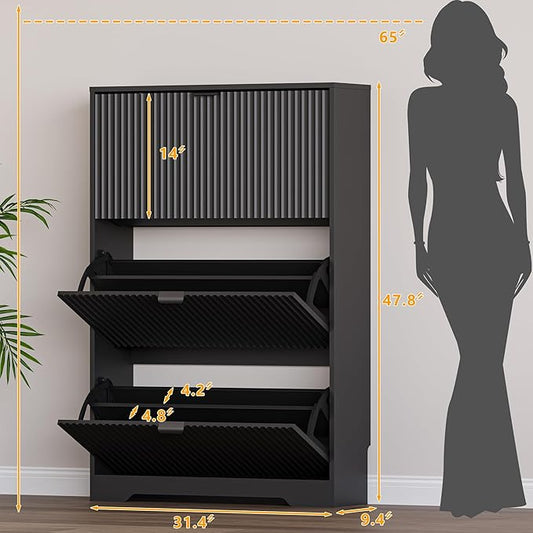 Entryway Shoe Cabinet with 3 Flip Drawers, Narrow Shoe Organizer Cabinet with Fluted Panel and Adjustable Shelves for Foyer, Hallway