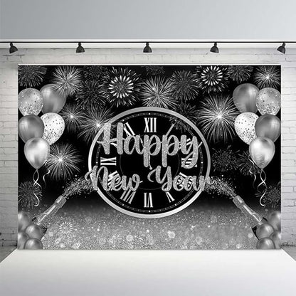MEHOFOND 7x5ft Happy New Year Backdrop Silver 2026 New Year Eve Party Decorations Banner Supplies Shining Champagne Balloons Firework Photography Background New Years Eve Photo Studio Props