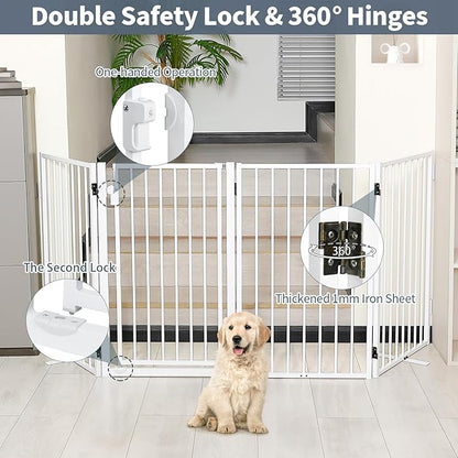 Metal Freestanding Dog Gates with Door for Outdoor Indoor,80'' Extra Wide 24'' Tall Free Standing Dog Gate for Doorways,Large Openings,Deck,Yard,Porch,Foldable Safety Pet Fence(White,4 Panels)