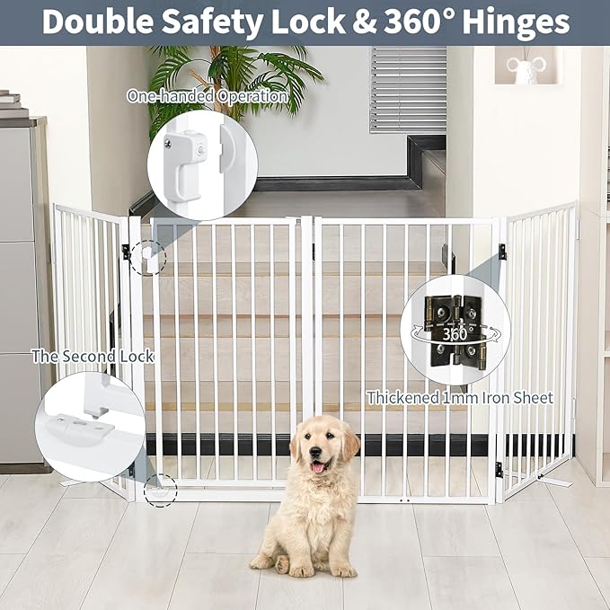 Metal Freestanding Dog Gates with Door for Outdoor Indoor,40'' Extra Wide 36'' Tall Free Standing Dog Gate for Doorways,Large Openings,Deck,Yard,Porch,Foldable Safety Pet Fence(White,2 Panels)
