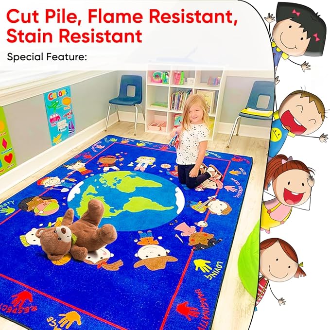 World Character Classroom Rug, 7'6" x 12' Rectangle, Educational Classroom Rug, Kids Learning Play Mat | Area Rug for Bedroom or Playroom