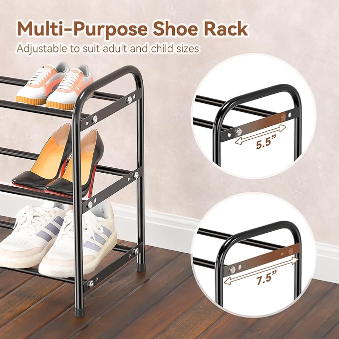 SUFAUY 3 Tier Shoe Rack Expandable 18“-32” Adjustable Shoe Organizer for Closet, Metal Shoe Storage for Entryway, Front Door, Black