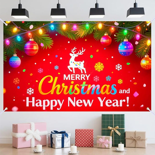 Nuxovilar Happy New Year & Christmas Banner, Twinkling Lights Fusion Backdrop for Holiday Party Decorations, 71x43 Inch