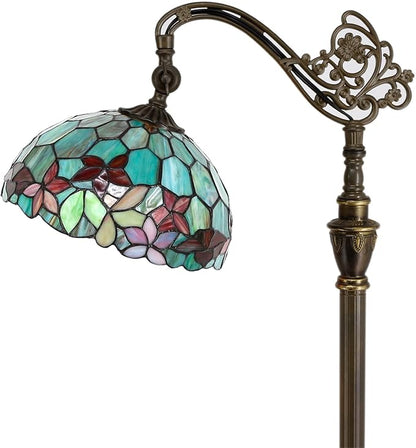 Tiffany Floor Lamp Stained Glass Lamp 18.88X12X67 Inch Angle Adjustable Arched Gooseneck Antique Reading Light (Red Green Flowers)