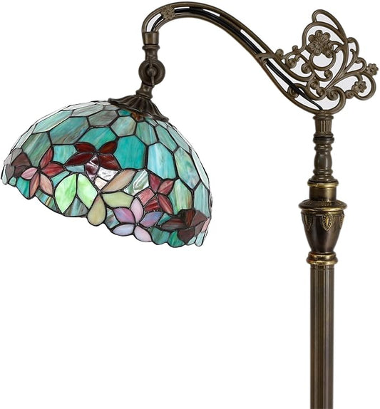 Tiffany Floor Lamp Stained Glass Lamp 18.88X12X67 Inch Angle Adjustable Arched Gooseneck Antique Reading Light (Red Green Flowers)