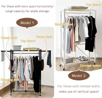 lumizone Expandable Wardrobe Closet, Foldable Clothing Rack with Shelves, Heavy Duty Collapsible Garment Rack Organizer for Hanging Clothes, Shoes & Storage(Black)