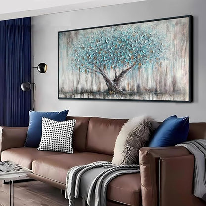 Arjun Framed Blue Tree Canvas Wall Art for Living Room Tree of Life Abstract Bedroom Textured Painting, Nature Picture Landscape Artwork Home Office Decor, Black Wood Large 40"x20"