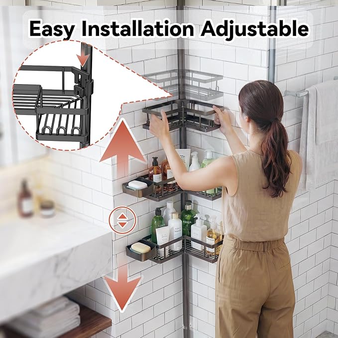 YASONIC Corner Shower Caddy Tension Pole, 25.7-109.1in Adjustable Shower Shelves, Rust-Resistant Shower Organizer, No-Drill 3-Step Installation, Bathroom Shelves for Renters & Family, Black