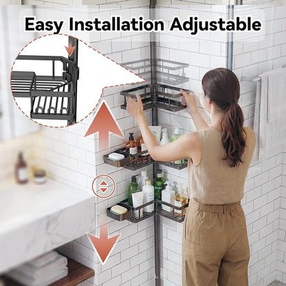 YASONIC Corner Shower Caddy Tension Pole, 25.7-109.1in Adjustable Shower Shelves, Rust-Resistant Shower Organizer, No-Drill 3-Step Installation, Bathroom Shelves for Renters & Family, Black