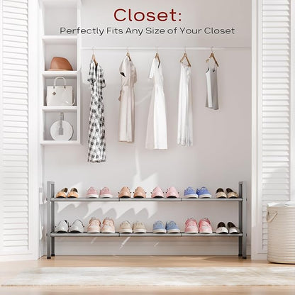 Bumusty 2-Tier Long Expandable Shoe Rack for Closet, 18"-44" Adjustable Shoe Rack for Entryway, 10-12 Pairs Large Shoe Organizer Shelf Storage, Sturdy Metal, Light Grey