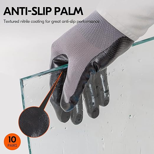 Vgo... 10-Pairs Safety Work Gloves, Gardening Gloves, Non-slip Nitrile coating, Dipping Gloves (Size XL, Gray, NT2110)