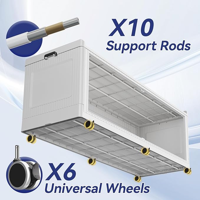 320 Gallon Extra Large Collapsible Storage Bin with Lid, 960QT Stackable Plastic Organizer with 6x Wheels, Foldable Drawer Cabinet for Closet, Living Room Office, Kitchen 4Pack, White