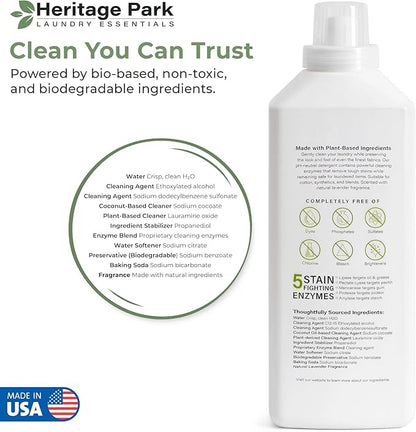 Heritage Park Luxury Laundry Detergent | Dermatologist Tested Plant based Natural & Enzyme Laundry Detergent | Sensitive Skin Friendly - Lavender Mist (32 fl oz)