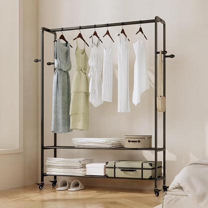Rolling Clothes Rack, 47.2" Wide Metal Garment Rack,Heavy Duty Clothing Rack for Hanging Clothes with Wheels & bottom Shelves for Coats, Shirts, Dress