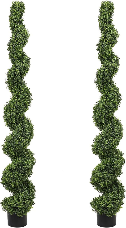 THE BLOOM TIMES 6ft Tall Spiral Topiary Trees Artificial Outdoor Set of 2, Large Faux Boxwood Fake Plants Outside UV Resistant for Front Porch Planter Garden Patio Decor 6 Foot