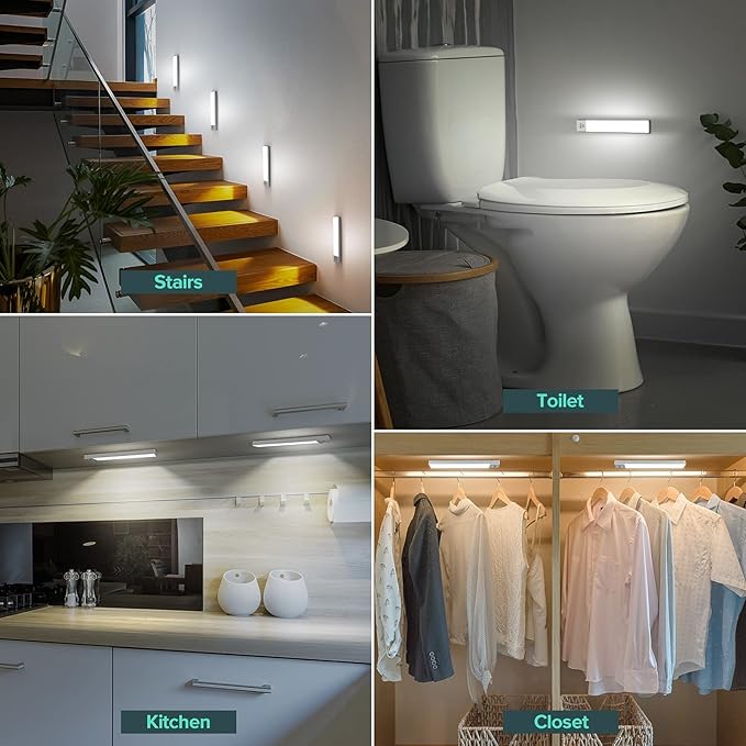 Under Cabinet Lights 3-Pack, Wireless Motion Sensor Lighting with 36 LEDs, 3 Modes, 1500mAh Rechargeable Battery for Kitchen, Hallway, Stairs & Closet