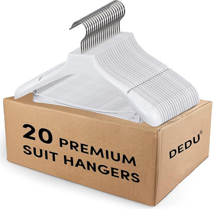 DEDU Suit Hangers for Men 20 Pack Width 17.3", White Coat Hangers no Shoulder Bump Non Slip for Thick Sweaters, Plastic Extra Wide Shoulder with Pants Bar & Metal Hook