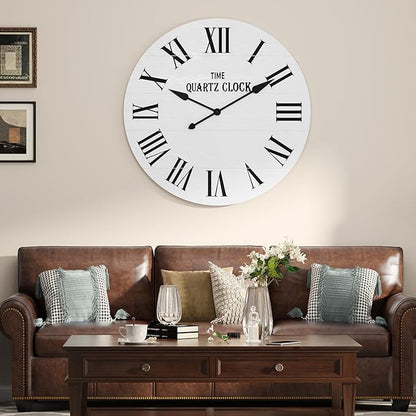 ARTPOWER Large Farmhouse Wall Clock, 35.5” Shiplap Wall Clock with Roman Numeral, Nearly Non-Ticking, Round Wall Clocks for Living Room Decor, Office, Bedroom, Entrance, White
