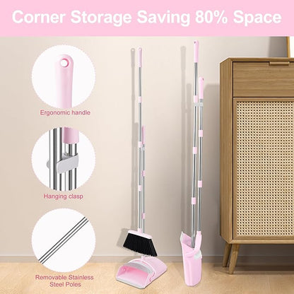 Broom and Dustpan Set, Broom with Dustpan Combo Set for Home 54-in Long Adjustable Handle Dustpan Teeth to Clean Hair for Home Office Kitchen Lobby(Pink)